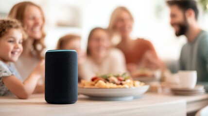 Modern smart home speaker on dining table, family enjoying happy meal in blurred background, illustrating technology integration for domestic convenience and joy