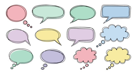 Collection of colorful speech bubbles in various shapes and sizes, outlined with a sketchy, hand-drawn style.