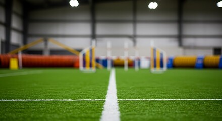 Fototapeta premium Indoor agility training facility with turf field and obstacles for dogs for commercial usage and mockups
