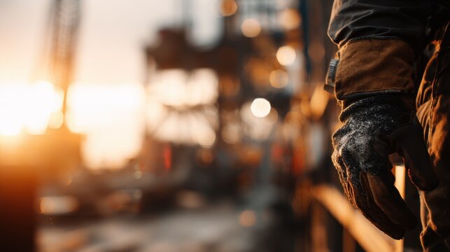 Worker Adjusting Gloves in an Intimate Shoulder Shot at Sunset