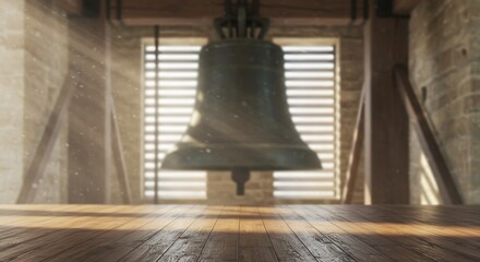 Obraz premium A large bronze bell hangs in a bell tower, illuminated by sunbeams for commercial usage and mockups