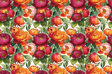 Seamless floral pattern. Rich composition of vibrant peonies, ranunculus, and verdant leaves for fabric, wallpaper, and creative projects