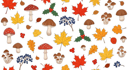 Seamless pattern with various colorful autumn leaves, mushrooms, and berries on a white background, depicting fall season elements.