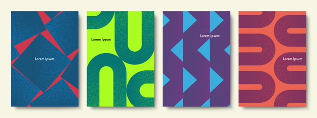 Set of Colorful Geometric Covers for Printing. Vector Abstract Illustration. Stippled Texture.