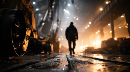 Crew Member Walking Through Industrial Environment with Low Light