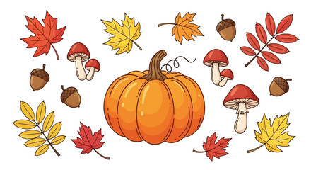 A collection of autumn illustrations featuring a central pumpkin, colorful fall leaves, acorns, and mushrooms on a white background.