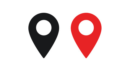 Fototapeta premium Two location pin icons, one in black and one in red, isolated on symbolizes map markers, navigation, and geographic points on transparent background