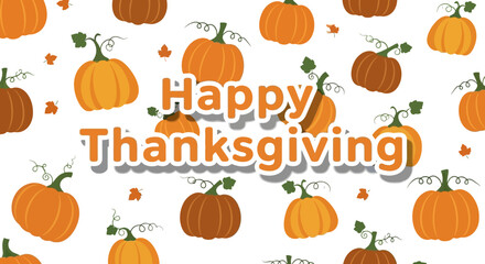 Festive Happy Thanksgiving greeting card design featuring a seamless pattern of orange and brown pumpkins and scattered autumn leaves on a white background.