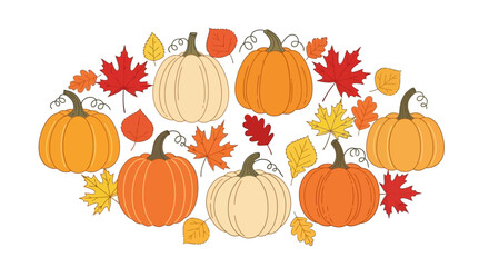 Illustration of pumpkins and fall leaves in an oval shape.