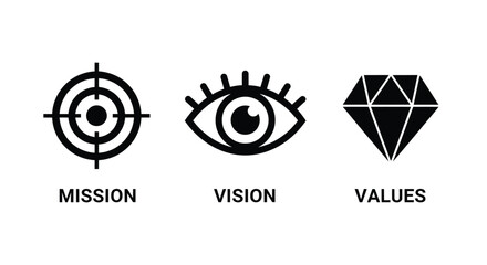 Mission, vision and values icons isolated on target, eye and diamond symbols representing the core principles of a company or organization on transparent background