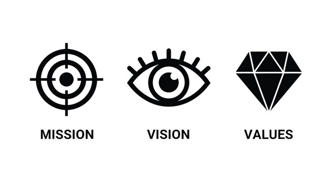 Mission, vision and values icons isolated on target, eye and diamond symbols representing the core principles of a company or organization on transparent background