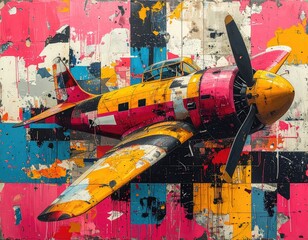 Vibrant illustration presents a colorful airplane, featuring a radial engine and propeller, set against a textured, graffiti-style backdrop with splashes of paint, creating a sense of dynamic...