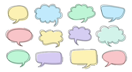 A collection of twelve hand-drawn speech bubbles in various pastel colors and shapes.