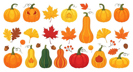 Collection of pumpkins, gourds, leaves, and acorns in autumn colors.