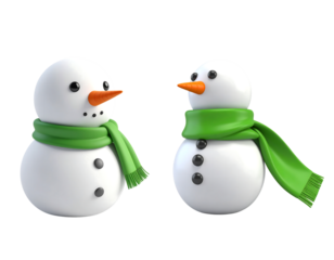 Two cute snowmen with green scarves isolated on transparent background new png