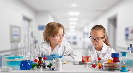 Kids at school learning science chemistry.