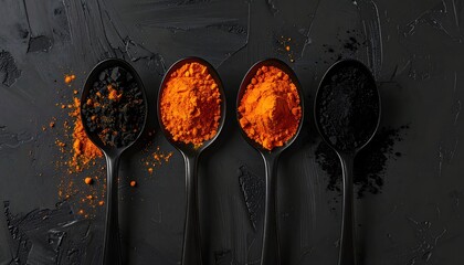 Culinary presentation of four black spoons each holding finely ground spices, showcasing contrasting black and vibrant orange powders, set against a textured, dark backdrop.
