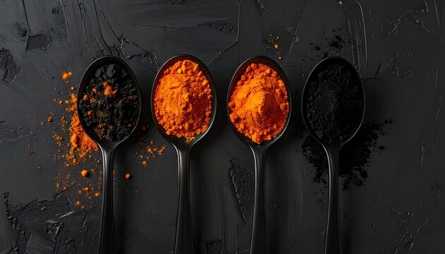 Culinary presentation of four black spoons each holding finely ground spices, showcasing contrasting black and vibrant orange powders, set against a textured, dark backdrop.