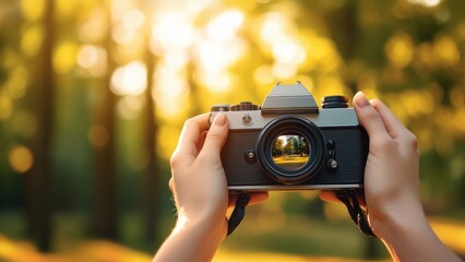 Hands holding vintage analog film camera outdoors, capturing golden autumn park photography, discovering nostalgic lifestyle journey under warm sunlight and soft bokeh.