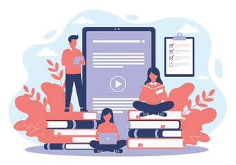 Online education concept with students learning on books and using digital devices, vector illustration of elearning and remote study for knowledge on transparent background