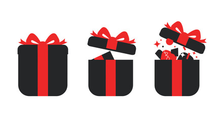 Set of gift box icons in various stages of opening isolated on, perfect for adding a festive touch to your designs and promotions on transparent background