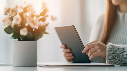 Productive focus person's hands engaging with digital tablet on modern desk, bathed in soft light, creating cozy atmosphere for work or study.