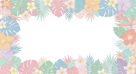 Pastel tropical frame with monstera leaves and plumeria flowers, perfect for summer designs and invitations