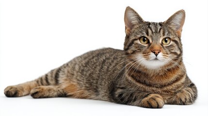Obraz premium Studio portrait of a sitting tabby cat looking forward against a white back ground