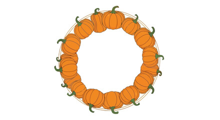 Pumpkin wreath illustration with orange pumpkins and green stems.