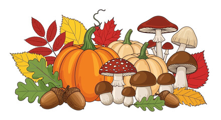 Autumn harvest illustration with pumpkins, mushrooms, acorns, and colorful leaves.