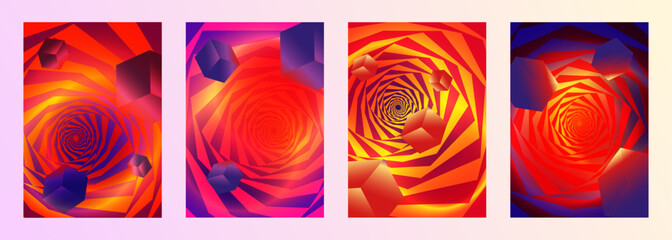abstract 3d Block shape object geometric cosmic optical illusion cover poster background design set