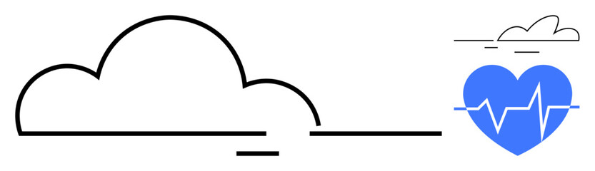 Cloud with minimal design connected to a heart with a heartbeat pulse icon. Ideal for healthcare, digital health, cloud tech, monitoring, telemedicine, wellness platforms, simple flat metaphor