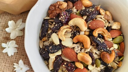 Healthy mix of nuts, seeds, and dried fruits served in a white bowl, perfect for a nutritious snack...