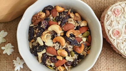 Healthy mix of nuts, seeds, and dried fruits served in a white bowl, perfect for a nutritious snack or breakfast topping.