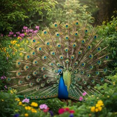 Obraz premium Majestic Peacock in Full Display A Colorful Spectacle of Nature's Beauty in a Lush Garden