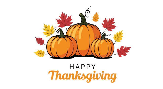 A festive Thanksgiving illustration with pumpkins and colorful autumn leaves.