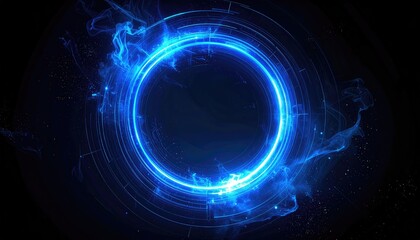 Abstract blue glowing circular portal of light and energy particles on a dark background