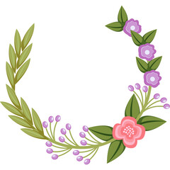 Delicate Floral Wreath With Pink Flower And Purple Berries Surrounded By Green Leaves On Transparent Background