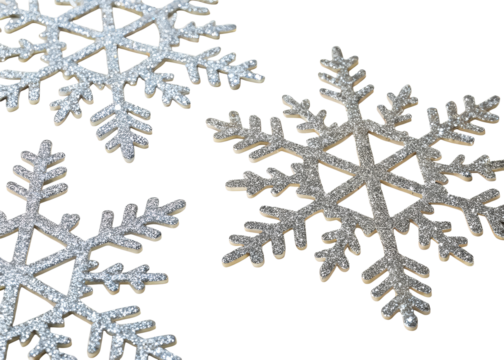 Sparkling Silver Snowflake Ornaments Cluster on White