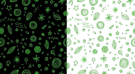 Seamless pattern with green doodles on black and white backgrounds.