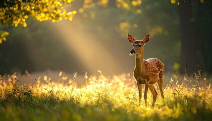A Young Deer Stands in a Golden Meadow Bathed in Warm Sunlight Rays Filtering Through Trees Creating a Magical Forest Atmosphere