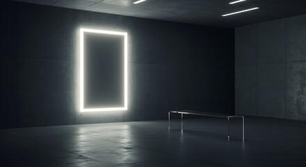A modern, minimalist room with a glowing rectangular light and a bench.