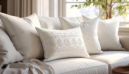 The  shows a comfortable sofa adorned with multiple, plush, white pillows featuring various embroidered designs, creating a relaxed and inviting indoor space filled with natural light and a warm...