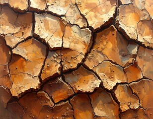 Earth's arid surface exhibits a fragmented pattern of cracked, parched segments, showcasing textured details and rich hues of brown and orange, evoking a sense of dryness and desolation within the...