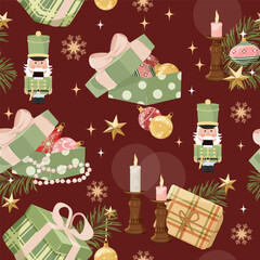 Christmas seamless pattern featuring nutcrackers and new year's toys. Perfect for kids' clothing and home decor, as well as wrapping paper.