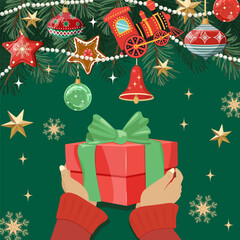 Merry Christmas, Happy New Year. Xmas present under tree. Vector illustration.