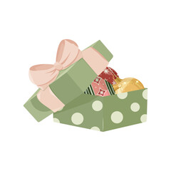 New Year and Christmas design. Open gift box with Christmas balls on a isolated background. Christmas template for banner, ticket, leaflet, card, invitation, poster and so on