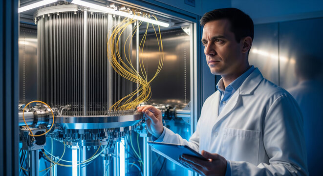Scientist in lab coat working with a quantum cooling chamber and fiber optic cables in a laboratory