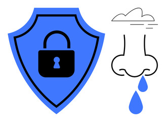 Blue shield with lock signifies protection, paired with nose and droplets symbolizing allergy and health. Ideal for data safety, health, hygiene, protection, prevention, allergy awareness, simple
