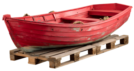 a small red boat on wooden pallets, transparent background, png file  